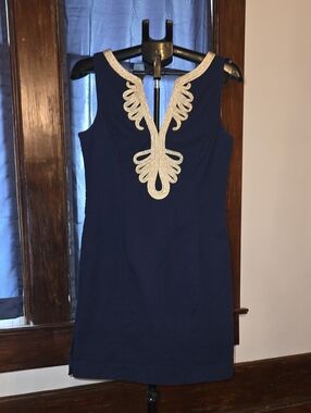 Lilly Pulitzer Navy Shift Dress with Gold Embroidery V-Neck